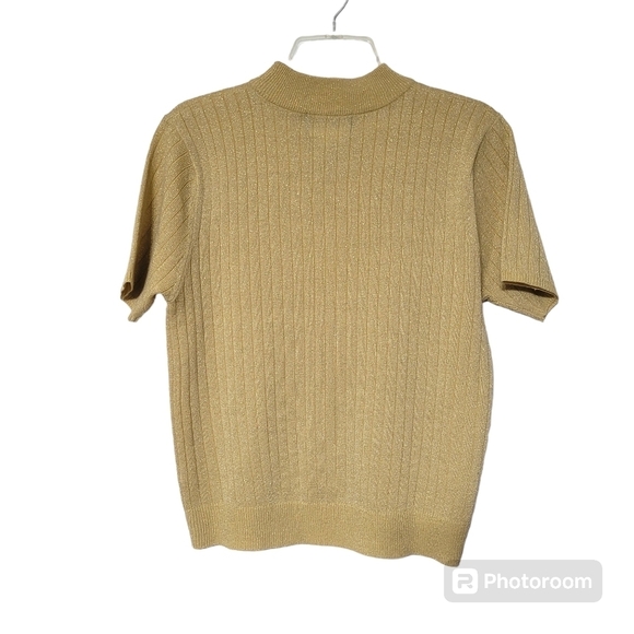 Sag Harbor Gold Shimmer Metallic Lurex Ribbed Short Sleeve Sweater Top Small - Picture 2 of 6